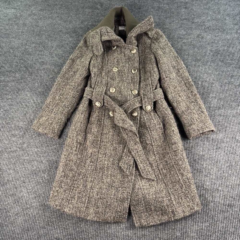 Calvin Klein Coat Women Small 4 Brown Wool Blend Belted Double Breasted Textured